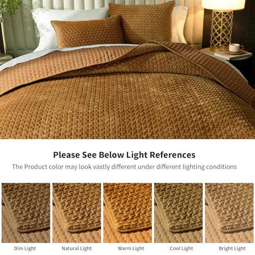 Image of Grassix Velvet Quilt Set Queen Size, Luxury Cross Stitch, Gold Caramel