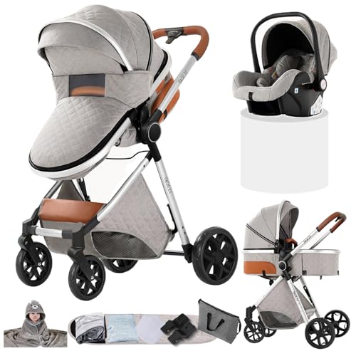 Doraystar Carro Bebe 3 Piezas, Carrito Bebe 3 en 1 con Dos Modos de Empuje Reversibles, Cochecito Tres Piezas con Capazo Grande Cómodo, Carricoche Tres Pieza Alto Paisaje (YV9 Light Grey)