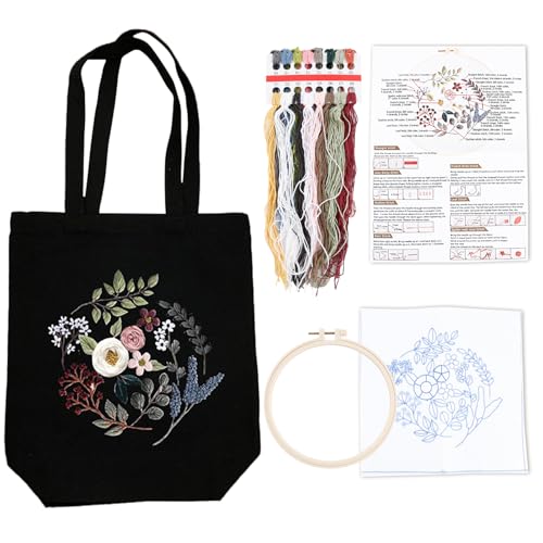Sticken Set mit Leinentasche Stickset Canvas Tote Bag Anfänger Erwachsene Stickerei Blumenmuster Mit Werkzeug und Anleitung Kreuzstich Kit Stickpackung für Anfänger Erwachsene und Stickereiliebhaber