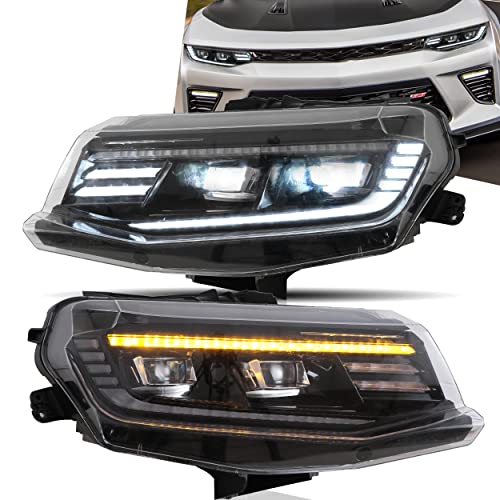 VLAND LED Headlight Assembly Compatible for Chevy Camaro 2016-2018 LT, SS, RS, ZL, LS, w/Dynamic Animation& Breath Light, w/Amber Sequential Turn Signa，Passenger+Driver Sides