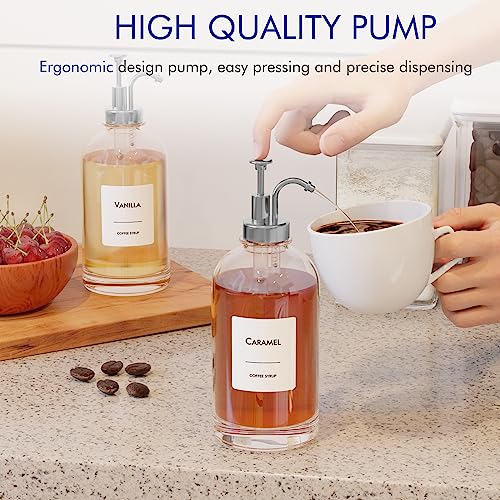 Image of 16.9 oz /500 ml Coffee Syrup Dispenser Set - 2 Glass Bottles with Silver Pumper and Syrup Labels - Precise Dispensing and Stylish Addition to Coffee Shop, Cafe or Home Bar