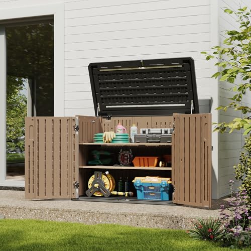 Image of Aoxun Outdoor Storage Cabinet 35 Cu.Ft Outdoor Trash Can Storage Shed Waterproof Horizontal Storage Shed Outdoor Storage for Garbage Bin, Generator, and Lawn Mower,Brown