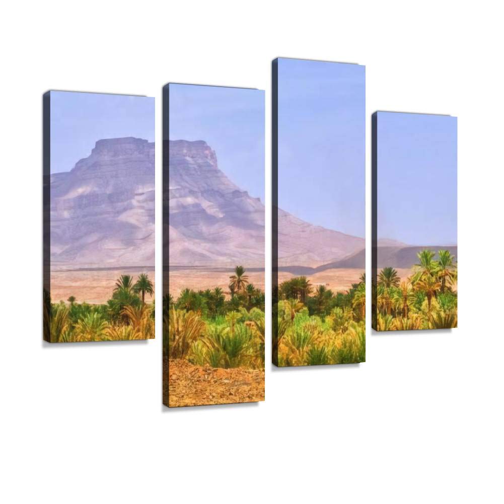 Date palms landscape in oasis in Draa Valley, Morocco Canvas Print Artwork Wall Art Pictures Framed Digital Print Abstract Painting Room Home Office Decor Ready to Hang 4 Panel