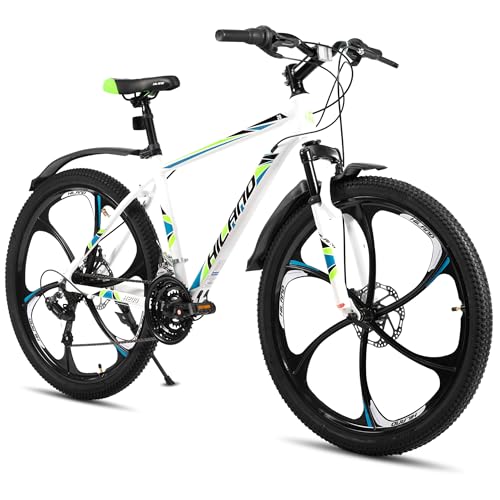 HILAND VTT 26 Pouces pour Adultes, Roue à 6 Rayons, 18 Vitesses, VTT Homme Femme, avec Double Frein à Disque, vélo VTT Cadre Aluminium 26 Pouces, Blanc