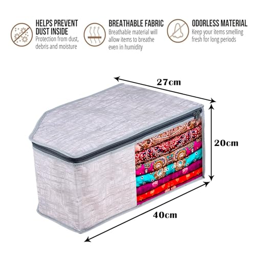 Image of Kuber Industries Blouse Cover | Clothes Storage Bag | Zipper Closure Wardrobe Organizers | Clothes Organizer With Transparent Window | Jute Printed Clothes Bag | Pack Of 3 | Gray, 40 x 27 x 20 Cm