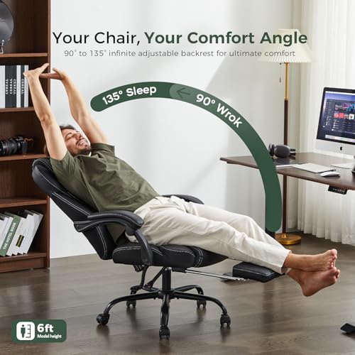Image of amseatec Big and Tall Office Chair with Footrest, Ergonomic Leather High Back Computer Chair Infinite Lock Reclining 90-135,20 Spring Packs,300lbs Executive Desk Chair for Home Office（Black）