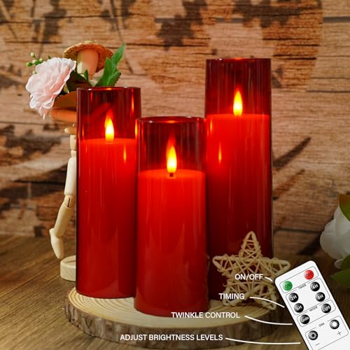 Flickering Flameless Candles Battery Operated with Remote and 2/4/6/8 H Timer Plexiglass Led Pillar Candles Pack of 9 (D2.3 xH 6" 7" 8") with Realistic Moving Wick Candles for Home Decor(Red)