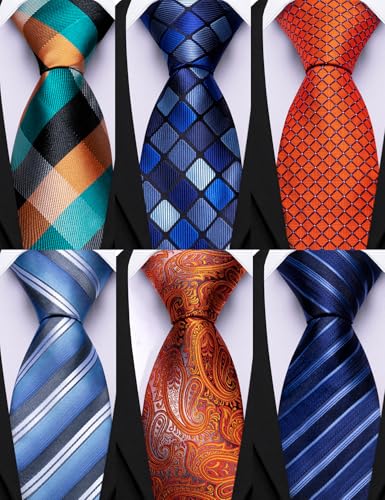 Image of Barry.Wang Mens 6 PCS Ties Silk Striped Paisley Check Floral Necktie Silky Woven Wedding Business Party Ties 3.34 inch