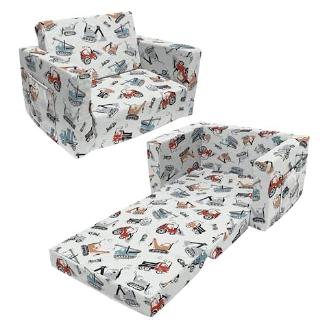 fond + found Kids Sofa Couch, Children's 2 in 1 Convertible Sofa to Lounger - Extra Soft Flip Open Chair & Sleeper, Truck Excavator Car Printed Toddler Chairs Kids ouch Bed for Boys Girls Cover