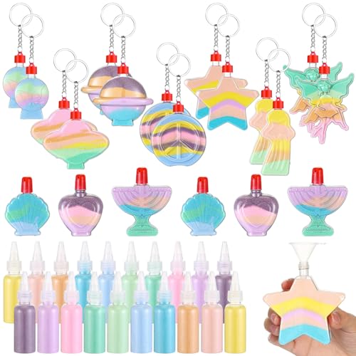 VioraWhite 20 Pack Art Crafts Kit Bottle Key Chains Include 20 Sand Bottles Keychains and 20 Colored Sand in Plastic Bottles for Art Class Activities Birthday Party Favor