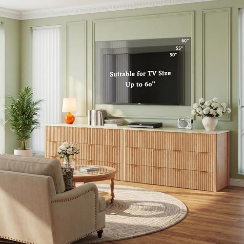 Image of HUAHUU Fluted Dresser for Bedroom with 7 Drawers, 53 inch Wide Mid Century Modern Dressers with Faux Marble Top & Metal Handle, Wooden Chest of Drawers TV Stand, Natural Oak