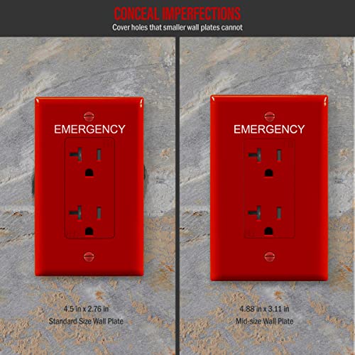 Image of ENERLITES Decorator Light Switch or Receptacle Outlet Wall Plate with Emergency Label, Mid-Size 1-Gang 4.88 inch x 3.11 inch, Unbreakable Polycarbonate Thermoplastic, UL Listed, 8831M-ER, Red