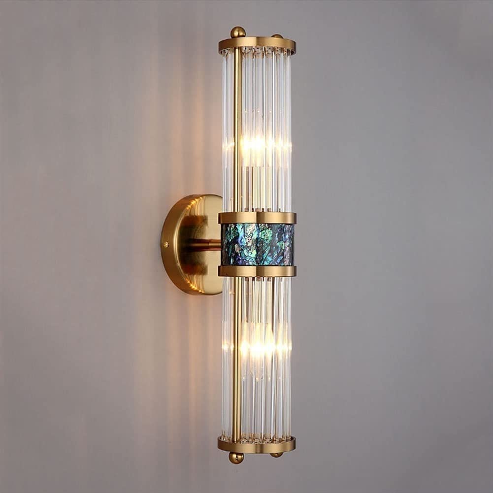 Olskfuh Double Head Wall Lamp Golden Sconce Led Crystal Mount Copper Indoor Wall Light Wall Mount Sconce Fixture Compatible With Living Room Dining Background Bedroom Stair Entrance Corridor,