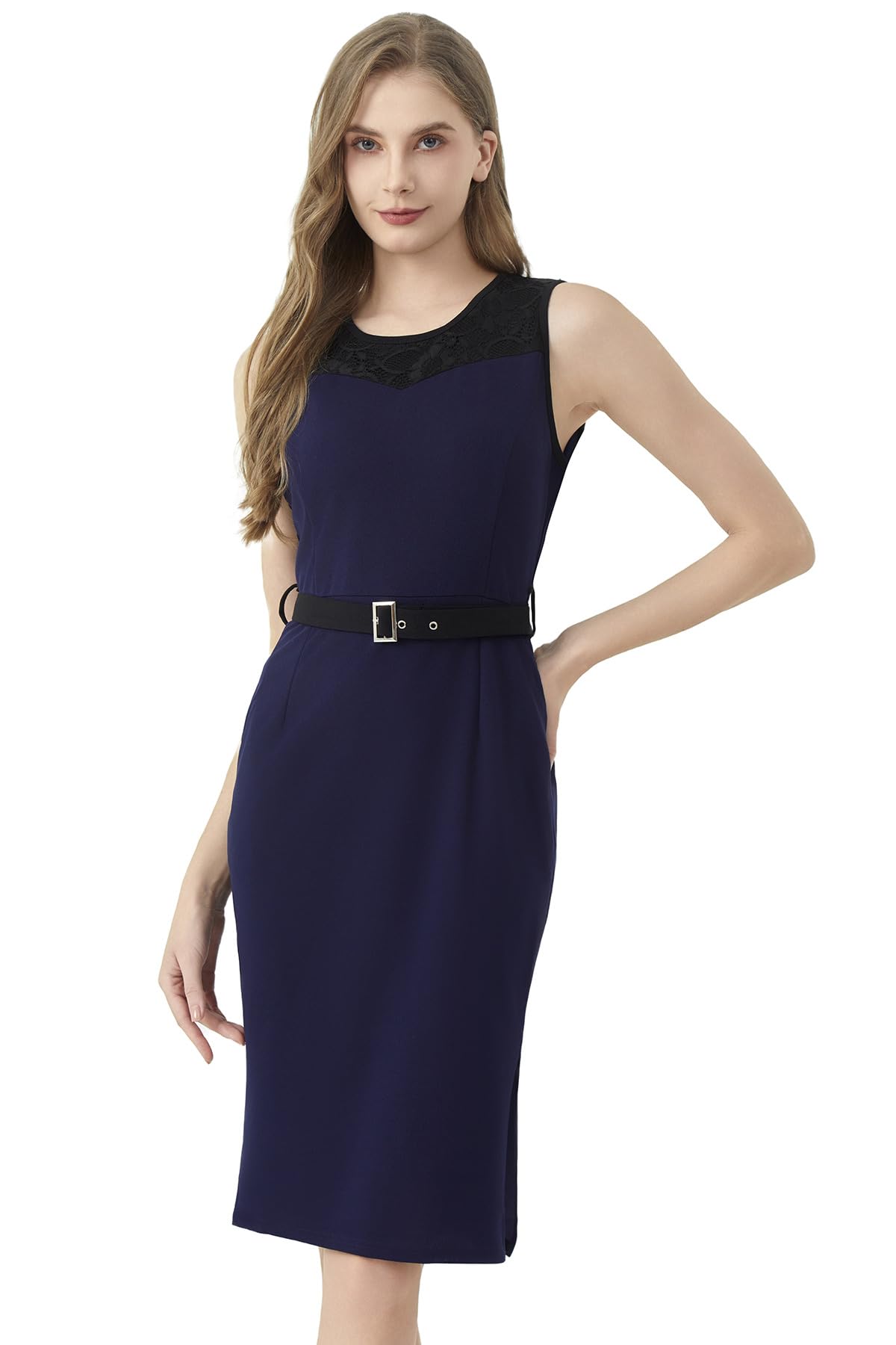 AXOE Damen Business Kleid Vintage mit Sptize Taschen Schlitz Seitlich Ärmellos Bleistiftkleid Elegant Einfarbige für Büro Alltag