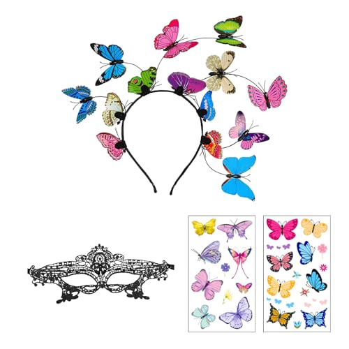 XDGBGFN Lot de 4 accessoires de costume de papillon - Serre-tête papillon noir - Masque pour les yeux et 2 autocollants papillon pour femme - Carnaval - Cosplay (multicolore)