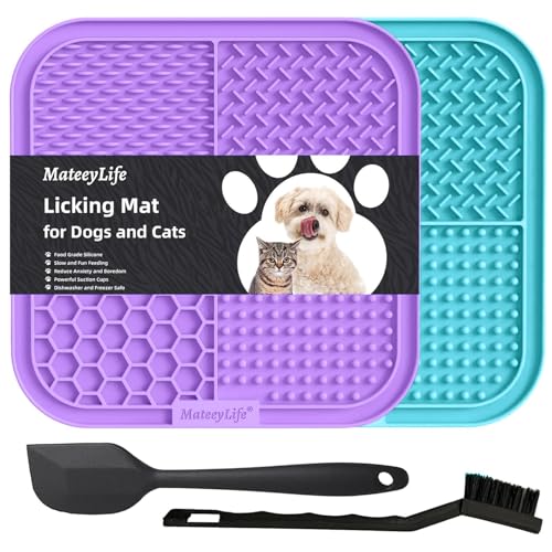 MateeyLife Alfombrilla de Lamer para Perros 20x20cm   Comedero Perro y Gato con Ventosas, Ideal para Queso, Mantequilla de Maní y Más   Reduce Ansiedad y Mejora Alimentación (Púrpura y Azul Claro)