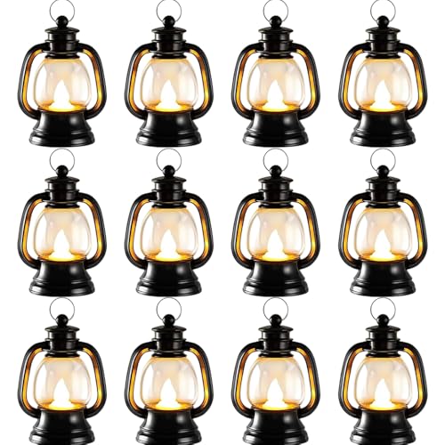 DAJASD 12 Paquete Mini Farol, Vintage Bujía Linternas, Farolillos LED Negros Colgante Decorativo con Vela LED para Halloween, Navidad, Boda Mesa, San Valentín, Patio, Interiores (Negro)