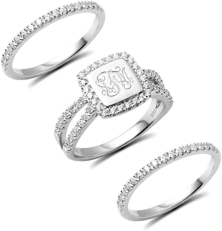 Getname Necklace Monogram Sterling Silver Stackable Ring - Personalized Engraved Signet CZ Statement Wedding Band - Custom Monogrammed Gift for Her