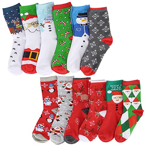 12 Pairs Women's Christmas Crew Socks - Cozy Cotton Knit Xmas Socks - Assorted Styles - Cute Novelty Gifts