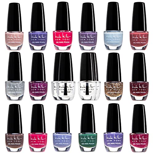 Nicole Miller 16 Colors Nail Polish Set + 2 Base Coats + 2 Top Coats – Bright Colors Manicure Set - Long Lasting Fingernail and Toenail Polish for Women and Teen Girls