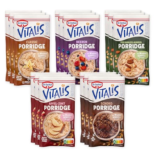 Dr. Oetker Vitalis Porridge im 25er Probier-Set, alle 5 Sorten 5x, Porridge Classic, Schokoladen, Beeren, Pekannuss-Mandel, Apfel-Zimt, Haferbrei mit Hafervollkornflocken