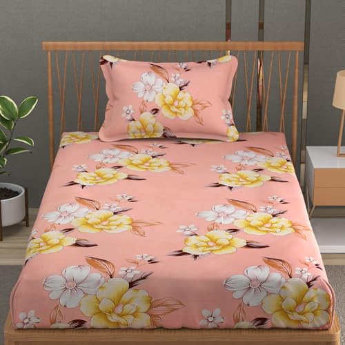 Image of Premium Heavy Cotton Flat Bedsheets with 1 King Size Pillow Covers | Single Bed 350 TC | 60 x 90 Inch Single Size Flat | :- Baby Pink Flower
