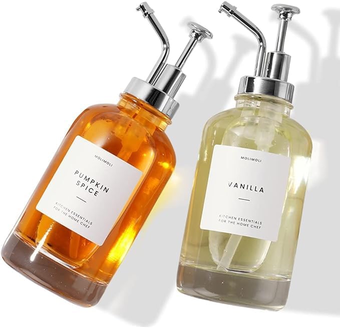 Coffee Syrup Dispenser for Coffee bar, coffee pump dispenser, glass syrup bottle, pump,16.9 oz. 500 ml,2 piece set, gold upgrade pump (silver)