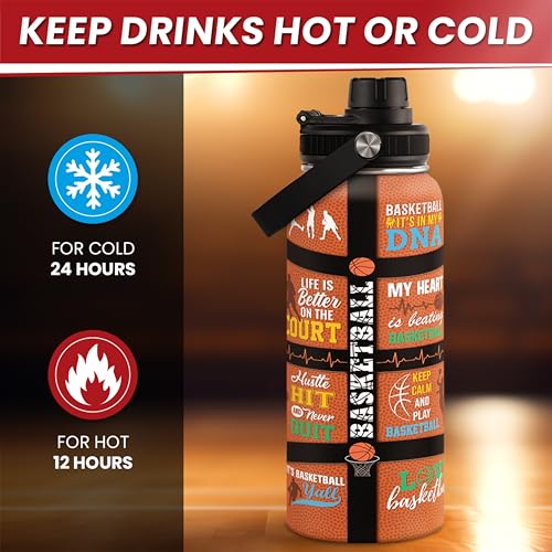 Image of SANDJEST Basketball Water Bottle 32oz, Stainless Steel Insulated Sports Bottle with Lid, Basketball Gifts for Men Players Lovers Fan