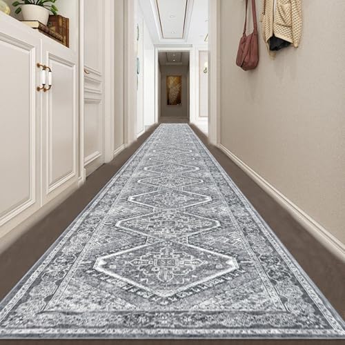 KUTA Extra Long Runner Rug for Hallway 2.6x18ft, Oriental Washable Kitchen Rugs, Grey Non-Slip Stair Runners Indoor Soft Printed Vintage Floral Medallion Carpet for Bedroom Living Room Nursery