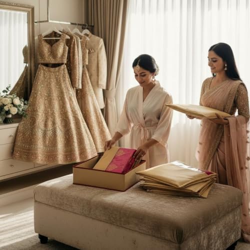 Image of Multipurpose Designer Bow Saree Cover with Travel Pouch, Pack of 10, Transparent Clothes Storage Bag for Saree, Suit, Lehenga & Ethnic Wear, Beige
