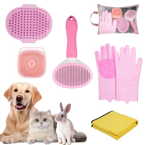 Dododream Dog Bath Supplies, Bath Grooming Kit with Storage Bag - Self Cleaning Slicker Brush, Shampoo Brush & Scrubber, Dog Grooming Gloves for Short & Long Haired Dogs & Cats (6 PCS)