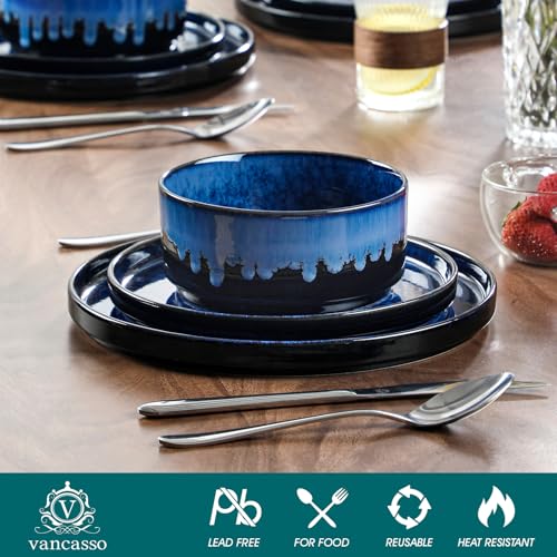 Image of vancasso Starry Plates and Bowls Sets,12 Pieces Blue Dinnerware Sets for Kitchen,Modern Stoneware Dishes Set for 4,Dishwasher and Microwave Safe