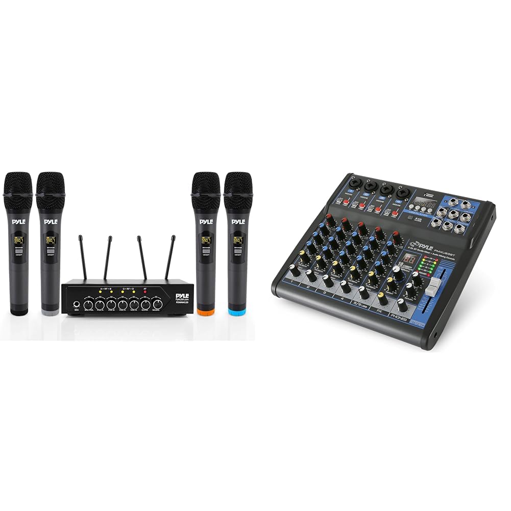 Pyle PDWM4120 UHF Wireless Microphone System 4 Mics 50 Channels & PMXU63BT Audio Mixer 6 Channel Bluetooth USB