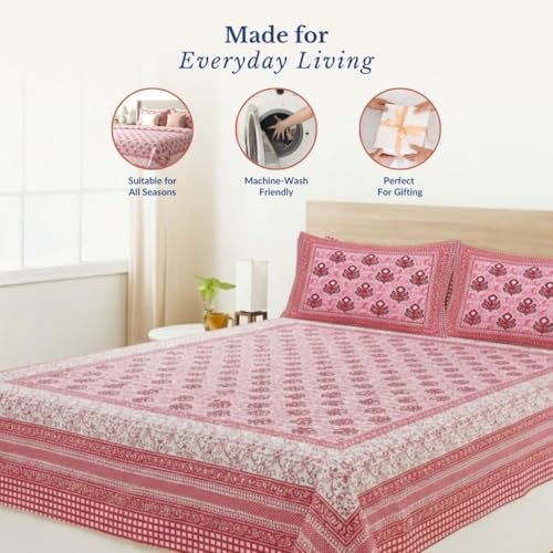 Image of Jaipur Weaves Jaipuri Double Bed Cotton Bedsheet Queen Size 90x85, 120 TC 100% Pure Cotton Bed Sheet with 2 Pillow Covers, Floral Traditional Print (Pink Buta, Double)