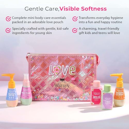 Image of Whimsy Beauty Mini Body Care Love Pouch Kit | Safe Non Toxic Body Care Set for Kids & Pre-Teens | Includes Moisturizer, Body Wash, Cleanser, Rose Water & Sunscreen | Vegan and Cruelty Free (Pack of 5)
