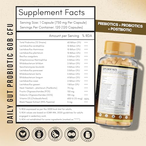 Image of Gut Health Probiotic 60 Billion CFU - 12 Strains Synbiotic | Postbiotic + FOS & GOS Prebiotics | Supports Digestion, Gut Flora & Immunity | Daily Gut Balance Supplement | 120 Capsules (120 Days)