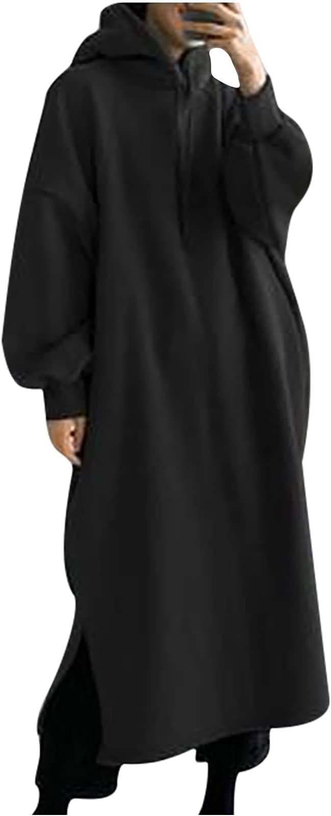 - Womens Oversized Long Sleeve Drawstring Pullover Hoodie Dress Plus Size Side Split Sweatshirt Dress with Pockets