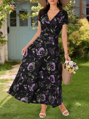 Image of HUHOT Women's Short Sleeve Wrap V Neck Dresses for Wedding Guest Summer Floral Maxi Sundresses with Pockets Boho Dress