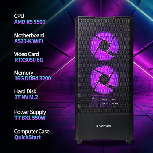 Image of Gaming Desktop PC AMD R5 5500 GeForce RTX 3050 6GB,16GB DDR4 RAM,1TB NVMe SSD,ARGB Cooling, Prebuilt Gaming Computer