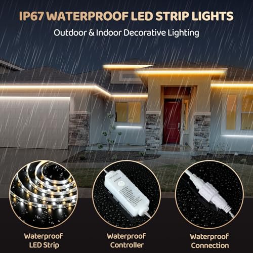 Image of 65.6ft Outdoor LED Strip Lights IP67 2700K-6500K CCT White with Remote | Warm to Cool Tunable White IP67 Waterproof LED Tape Light with Dimmer&Timer, 24V Outdoor Rope Lights for Backyard Patio House