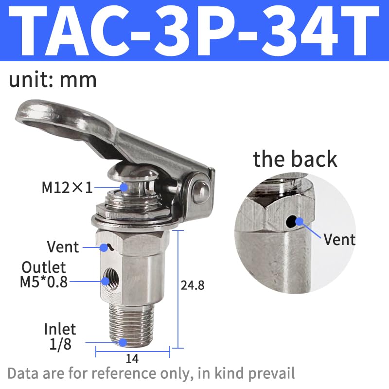 Air Pneumatic Mechanical Valve 2 Position 5 Way Toggle Button Switch TAC2-41V 31V 41P 31P 41PP TAC-4V 4P 3P 3V TV-3S(Color:TAC-3P-34T)