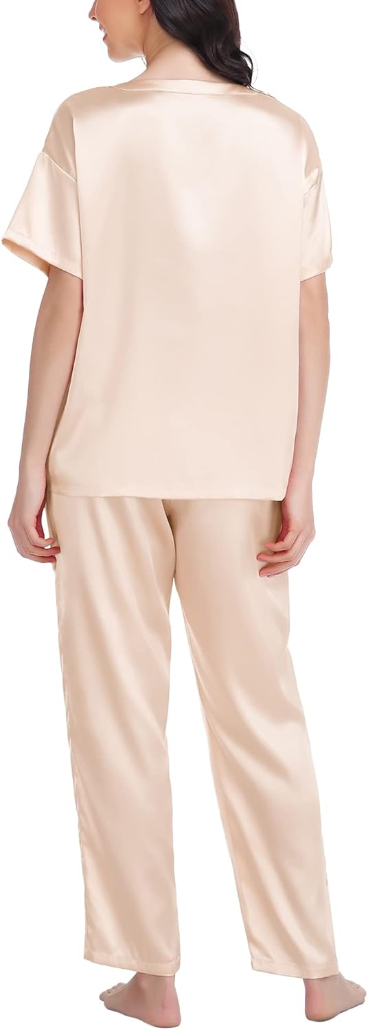 SWOMOG Womens 2 Piece Satin Pajamas Silk Short Sleeve Pjs Sets Capri Bottom Pajama Pants Loose Outfit with Pockets - Image 5