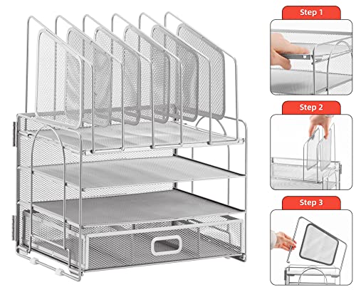 Image of Marbrasse Desk Organizers, 4-Tier Mesh Desk File Organizer with 5 Vertical File Holders and 2 Pen Holders, Multifunction Desktop Organizer,Desk Organizers and Accessories for Home Office (Silver)