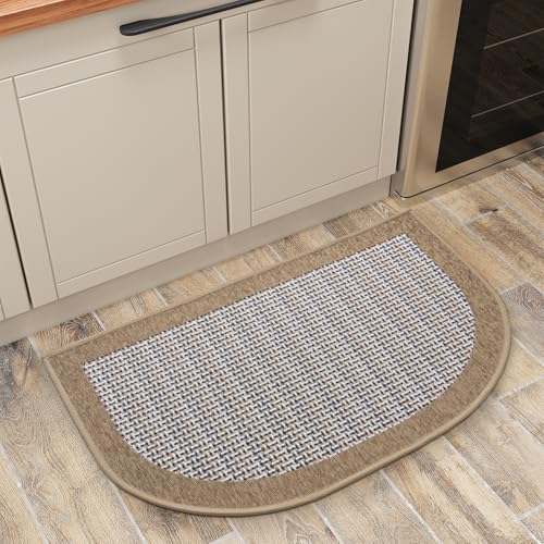 PADOOR Kitchen Mats for Floor, Kitchen Rugs Non Slip Washable, Half Circle Kitchen Floor Mat Sink Rug Rubber Backed Super Absorbent, 20”x32” Brown 1'8" x 2'8" (Semicircular) Brown