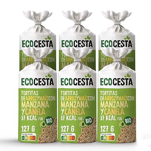 ECOCESTA MEJOR CADA DIA - Pack de 6 Unidades de 127 g de Tortitas Ecológicas de Arroz Integral y Maíz con Manzana y Canela - 127 g - Bajo Contenido en Sal - Sin Gluten - Aptas para Veganos