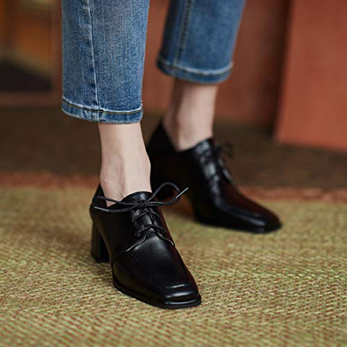 VOKLIN Women's Fashion Square Toe Dress Pumps Lace Up Chunky Block High Heel Work Office Loafer Pump Shoes4
