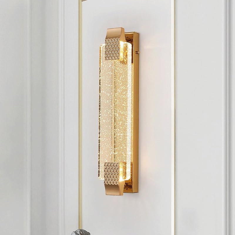 Gold LED Wall Sconce with Bubble Crystal Stick Wall Light Modern Bathroom Vanity Wall Lamp, Three-Color Dimmable,Exterior Flush Fixture,for Stairs Hotel Villa Cafe Office Courtyard(15.7in)