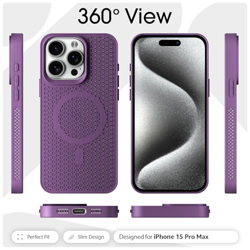 Image of Outlouders Back Cover for iPhone 15 Pro Max | Honeycomb Cooling Design | Silicone Heat Dissipation | Mag-Safe Compatible | Shockproof Camera Protection Bumper Case (Purple Mag-Safe)