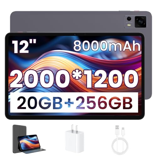 Tableta Android, tableta Octa-Core T616 de 12 pulgadas, tableta Android grande con pantalla 2K, cargador rápido y estuche de 20 W, 20 GB de RAM, 256 GB ROM, 1 TB de expansión, 8000 mAh, Wi-Fi de doble