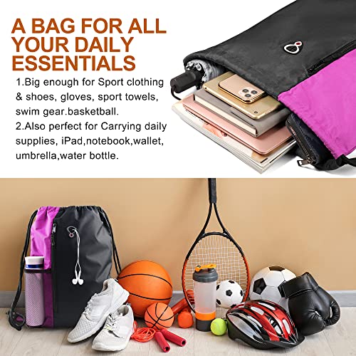 Image of BeeGreen Sports Bag Drawstring Backpack With Water Bottle Pocket &Front Zippered Pocket Large String Bag Pack For Men Women